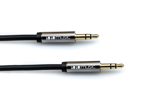 Black TRS cable with slender silver head with 1010 music logo printed in white.
